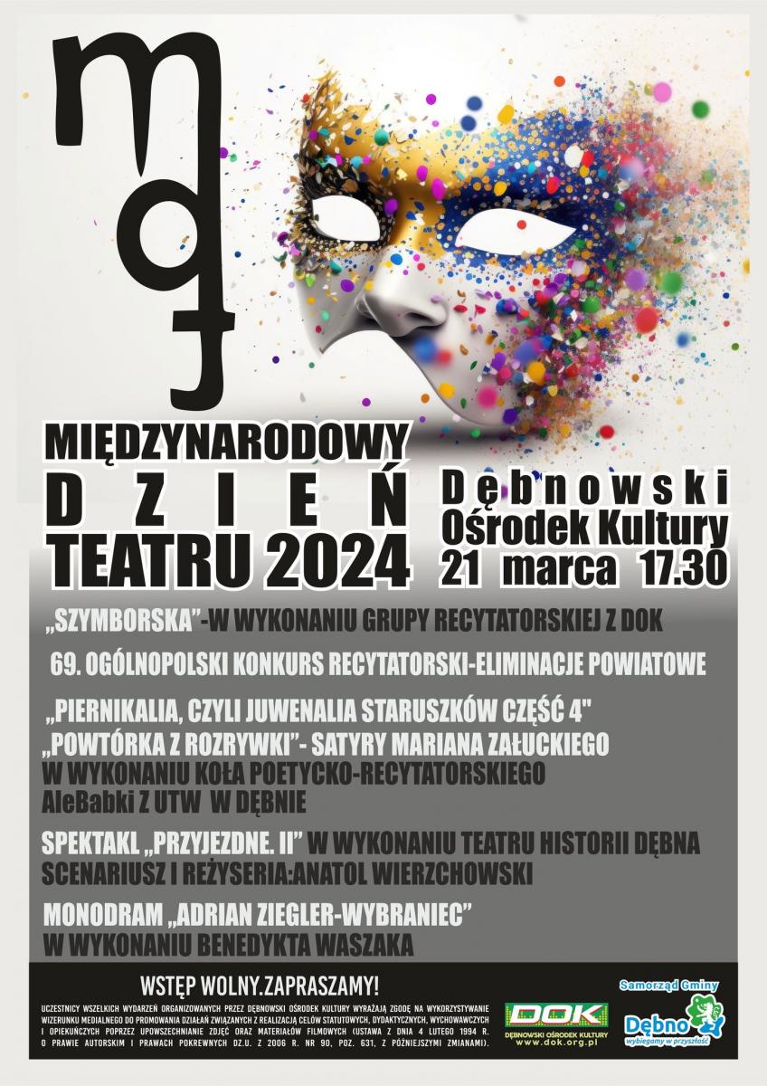 Powiększ plakat Międzynarodowy Dzień Teatru, kolorowa maska teatralna i program. Pełna treść w informacji