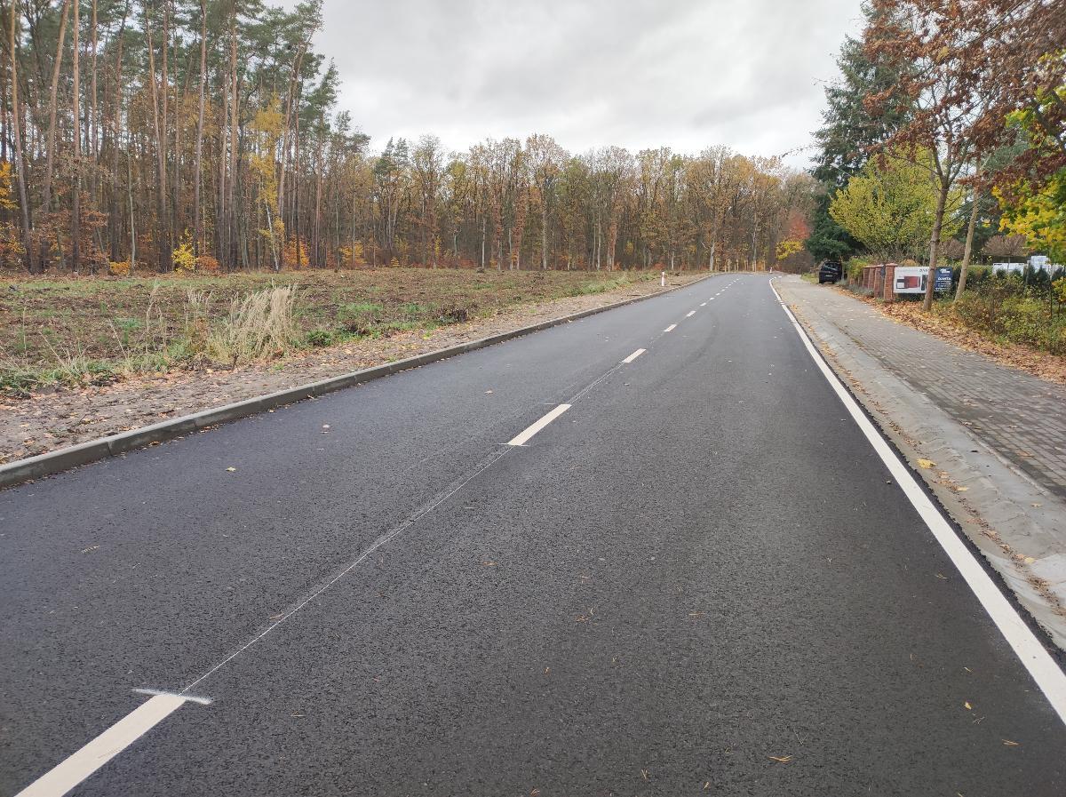 Droga asfaltowa, z lewej strony las, chodnik z prawej