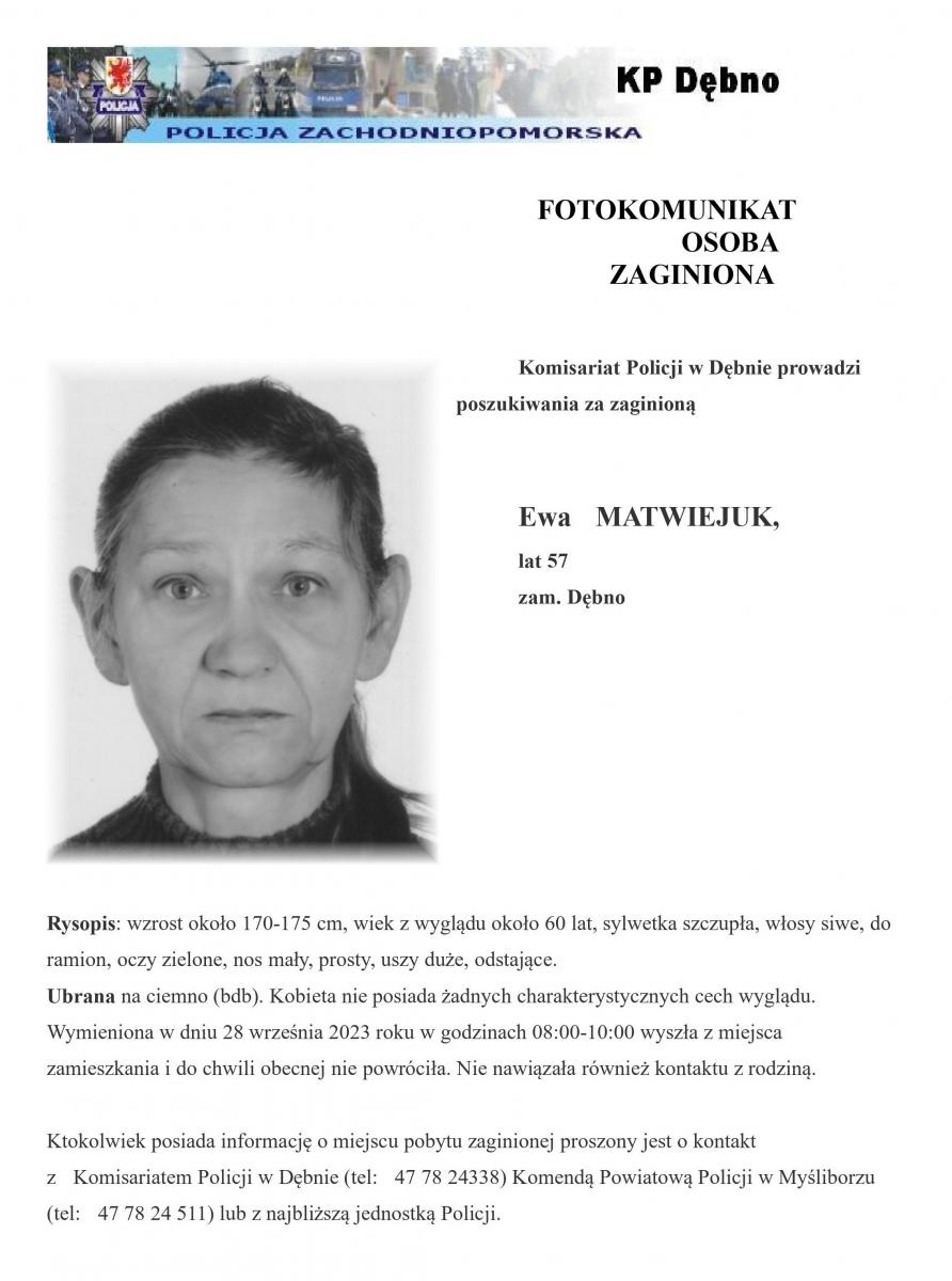 Komunikat policji o poszukiwanej. Czarno-białe zdjęcie kobiety około 60 lat i pełny opis. Pełna treść w informacji